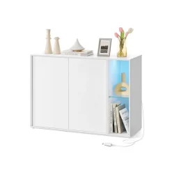 Assemblage ultra-rapide sans outils toolless buffet avec éclairage noyer naturel et noir boisé-SONGMICS HOME Sale