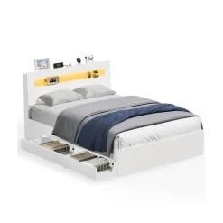 Cadre de lit 140 x 190 cm avec 2 tiroirs coulissants LED multiprise blanc-SONGMICS HOME Outlet