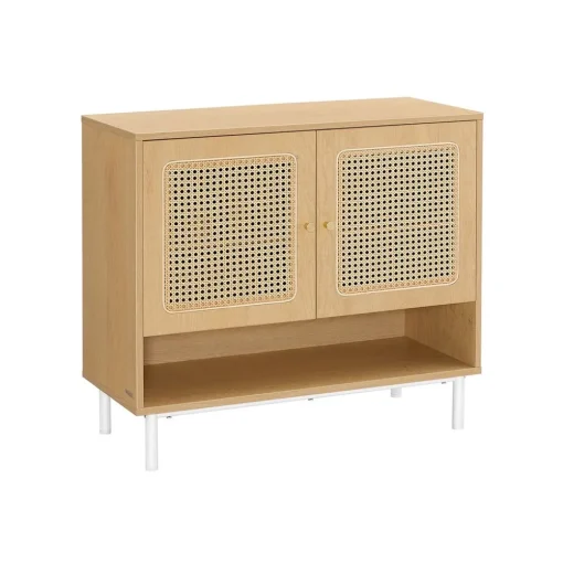 Meuble à chaussures rangement 3 niveaux avec portes aspect rotin étagère réglable en hauteur pieds en acier beige chêne-SONGMICS HOME Discount
